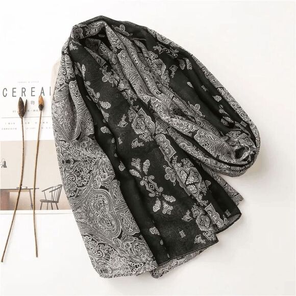 2/$30 Ladies Black Floral Filigree Scarf - Picture 1 of 7